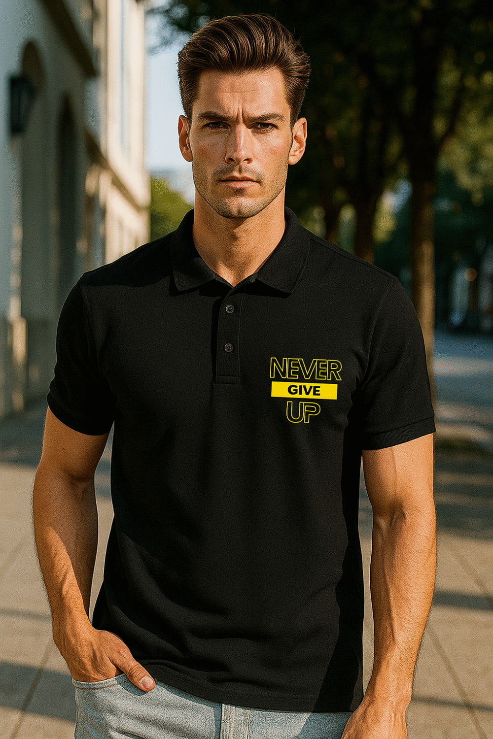 never give up glow in the dark polo t shirt – premium motivational vinyl print