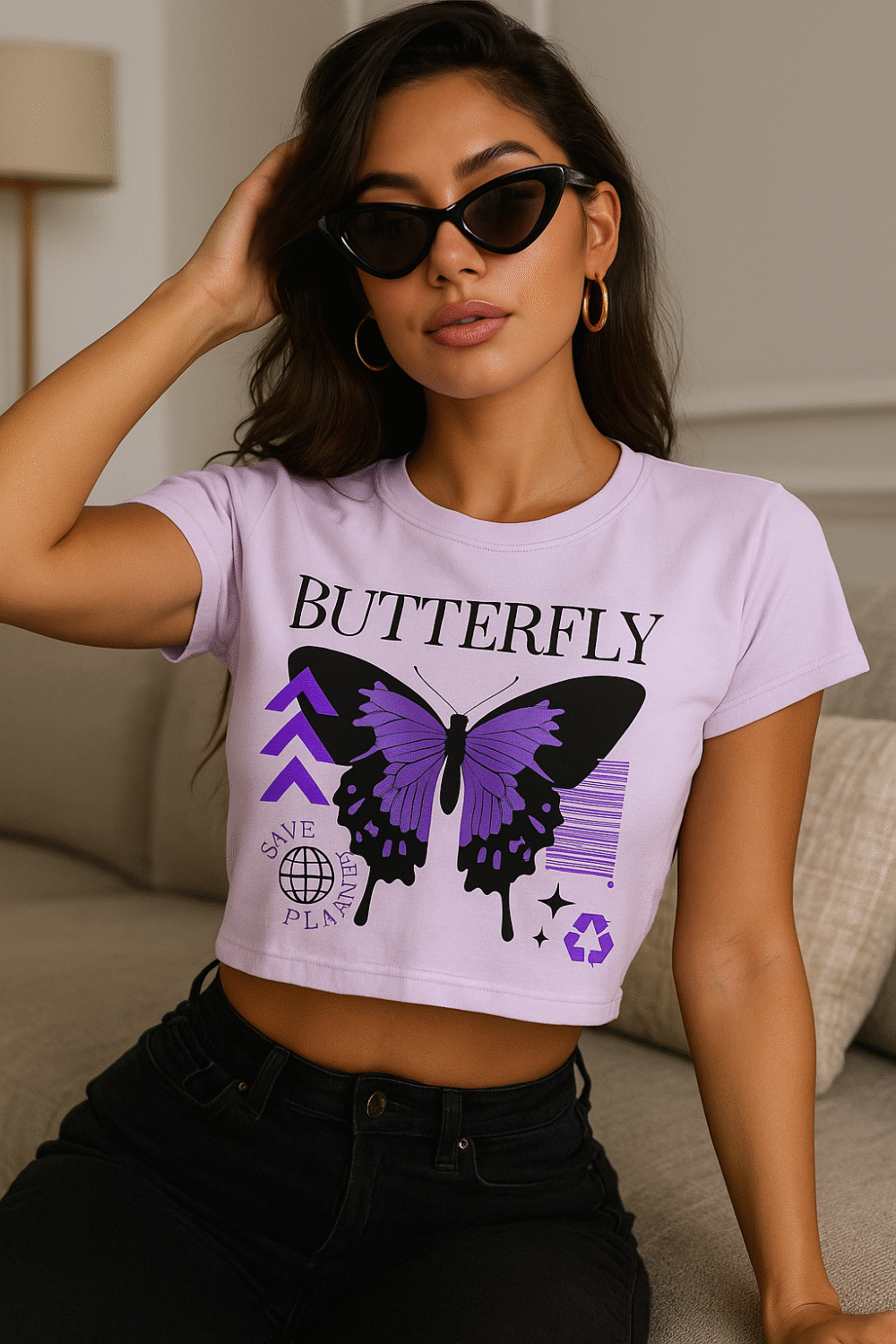 trendy purple butterfly baby tee for girls – aesthetic y2k graphic t shirt