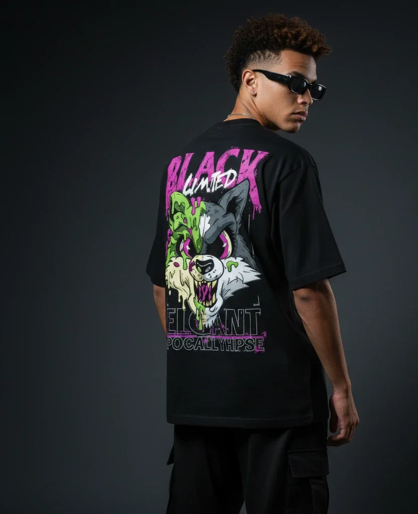 Oversized Graphic T-Shirt – Black Limited Wolf Fight Together Streetwear