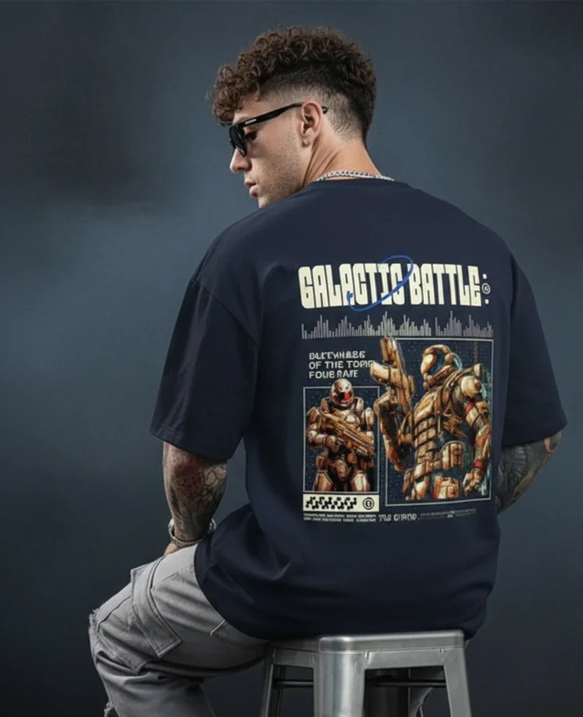 Galactic Battle Oversized T-Shirt – Sci-Fi Space Warrior Graphic Tee for Men & Women