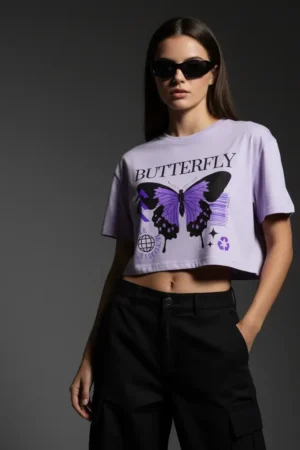 Trendy Purple Butterfly Baby Tee for Girls – Aesthetic Y2K Graphic T-Shirt