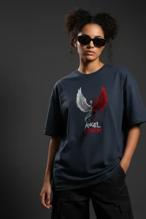 Oversized Graphic T-Shirt – Angel & Demon Dual Wings Streetwear