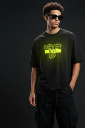 Never Give Up Glow-in-the-Dark T-Shirt – Motivational Vinyl Print Streetwear TeeUnisex Classic Crew T-Shirt