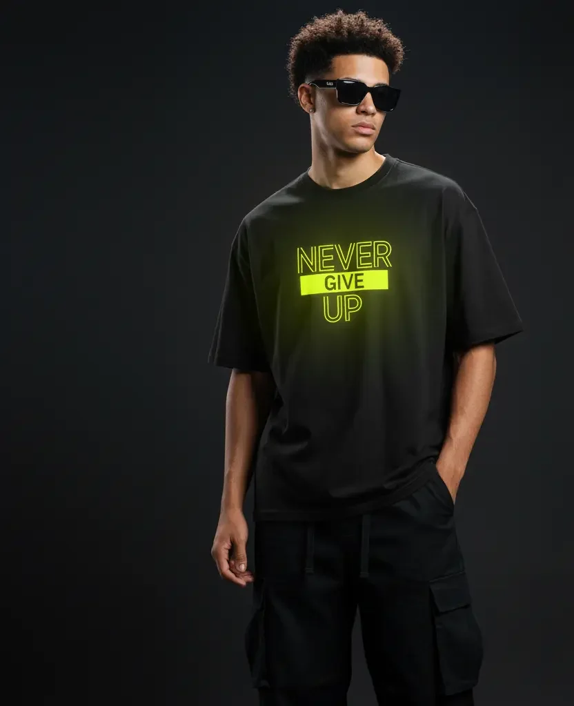 Never Give Up Glow-in-the-Dark T-Shirt β Motivational Vinyl Print Streetwear TeeUnisex Classic Crew T-Shirt