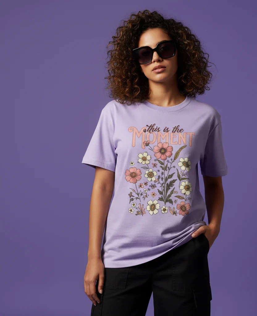 Live in the Moment – Aesthetic Floral Sketch Tee for Girls