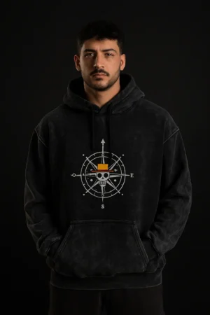 Straw Compass Skull Unisex Acid Wash Hoodie – Vintage One Piece-Inspired Streetwear