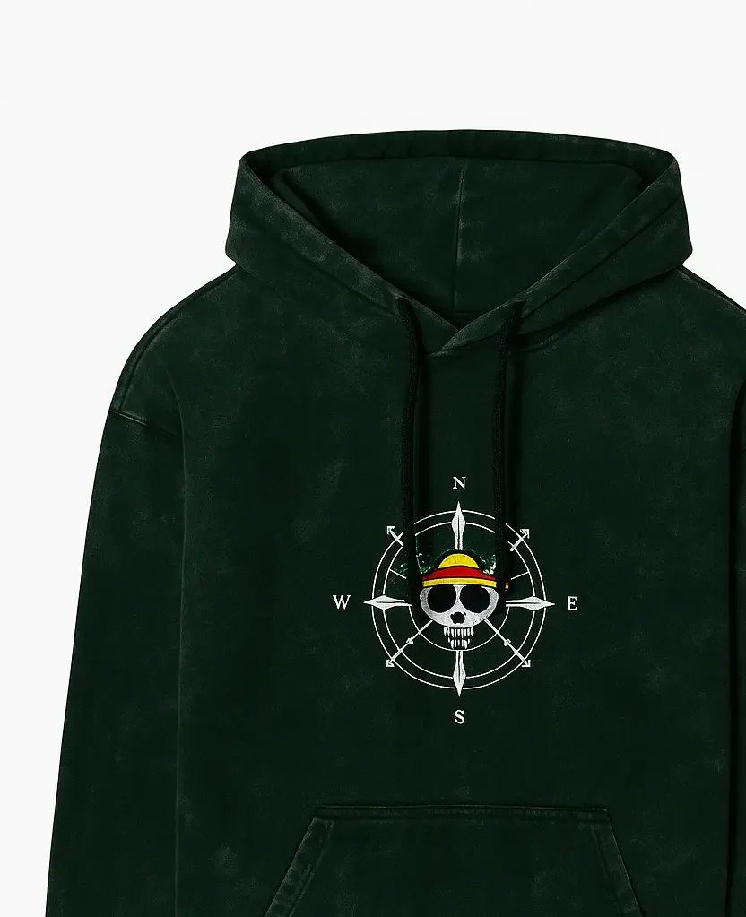 Straw Compass Skull Unisex Acid Wash Hoodie – Vintage One Piece-Inspired Streetwear - Image 2