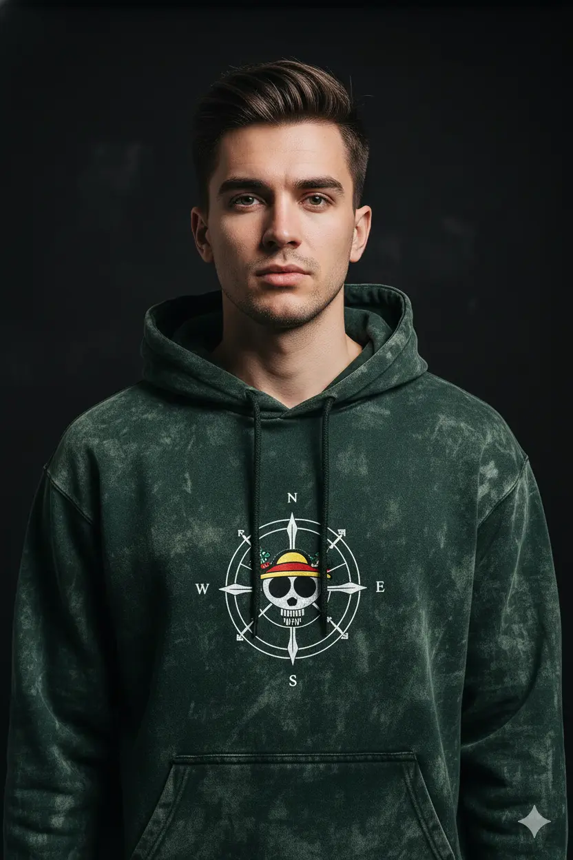 Straw Compass Skull Unisex Acid Wash Hoodie – Vintage One Piece-Inspired Streetwear